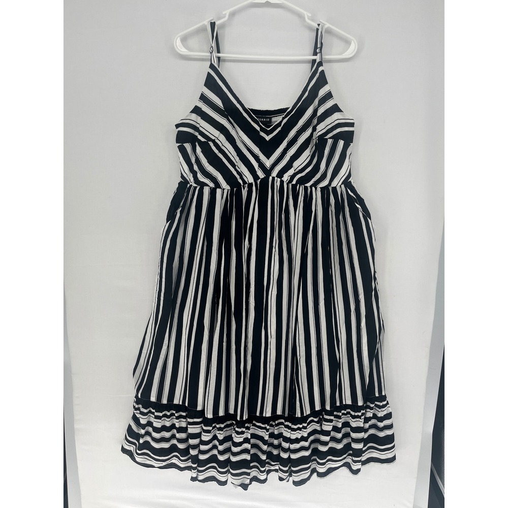 Torrid Black White Striped Rayon Midi Dress Pockets Smocked Back Size 0 Large